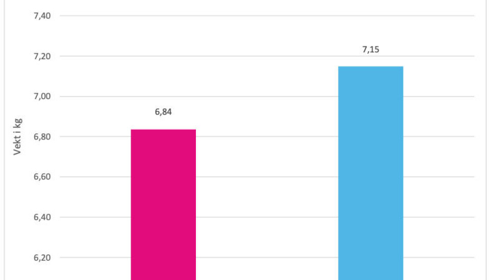 Figur 1: Korrigert gjennomsnittlig 3-ukersvekt
(least square means) etter helsestatus i kilo,
korrigert for kullnummer på purka, antall
levendefødte og avvente i kullet, besetning,
kjønn og årlig trend.