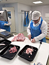 Person i hvit frakk og blå forklé skjærer rått kjøtt på en arbeidsbenk i et produksjonsrom.